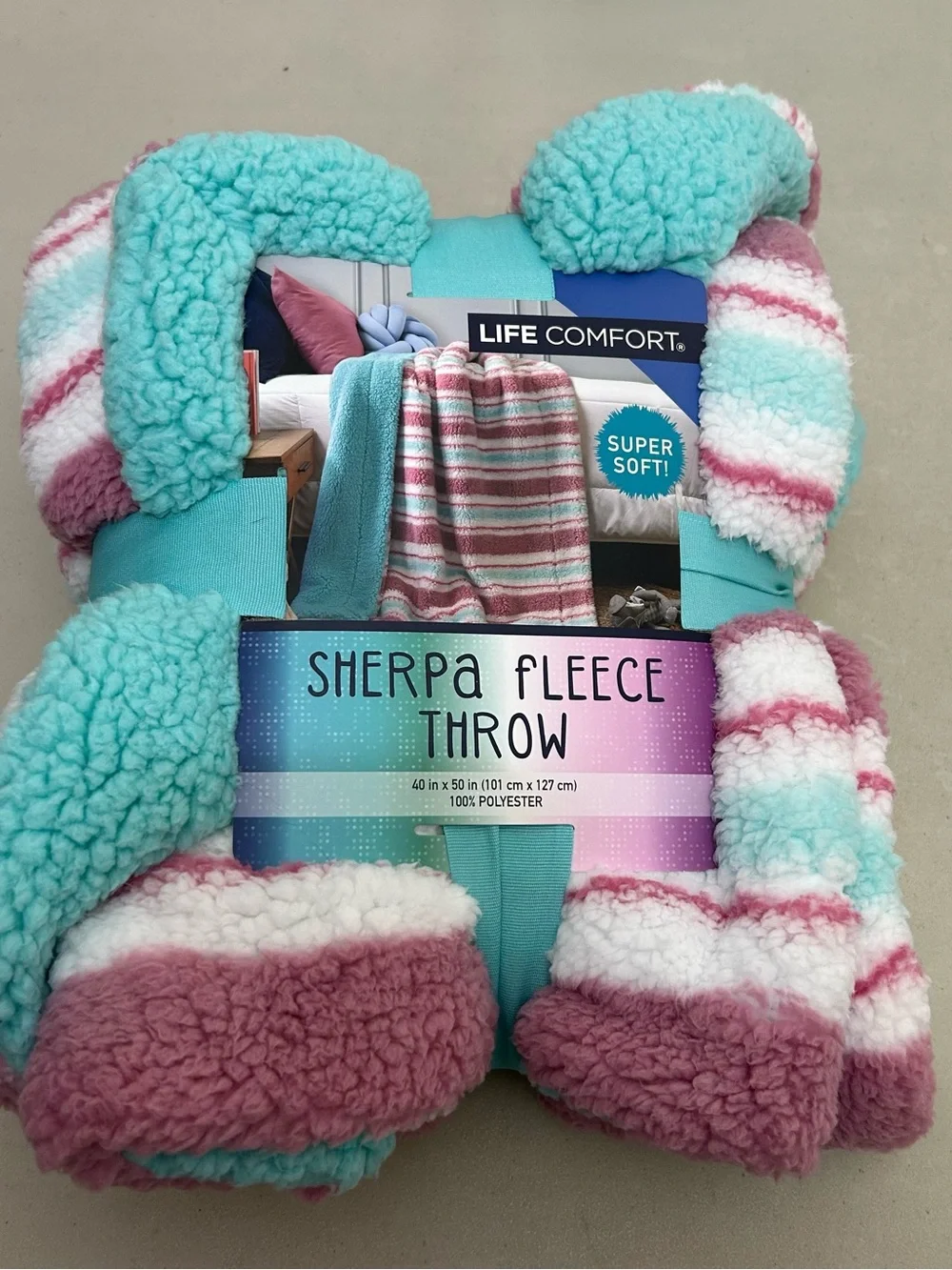 Life Comfort Kids Sherpa Fleece Throw Blanket Pink and Teal Super Soft 40x50in